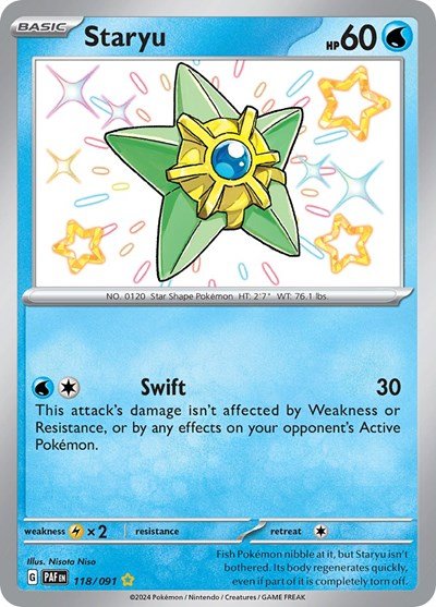 Pokémon card: Staryu 118/091 from Paldean Fates (Shiny Rare), Water type, front of card