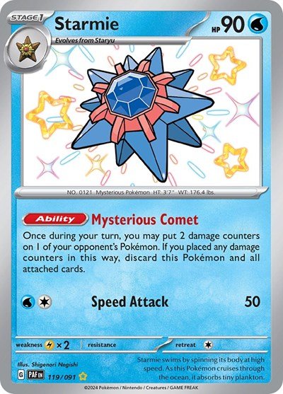 Pokémon card: Starmie 119/091 from Paldean Fates (Shiny Rare), Water type, front of card