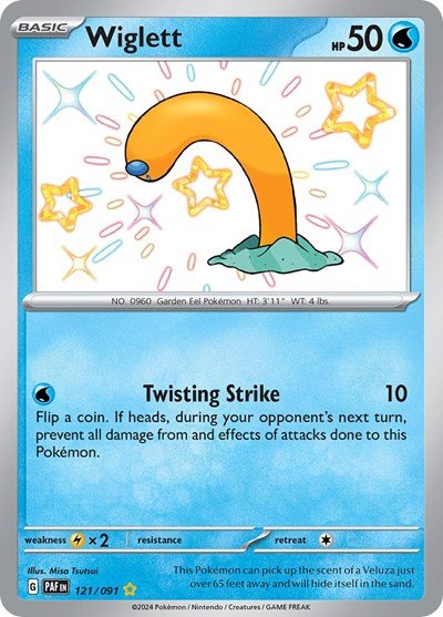 Pokémon card: Wiglett 121/091 from Paldean Fates (Shiny Rare), Water type, front of card
