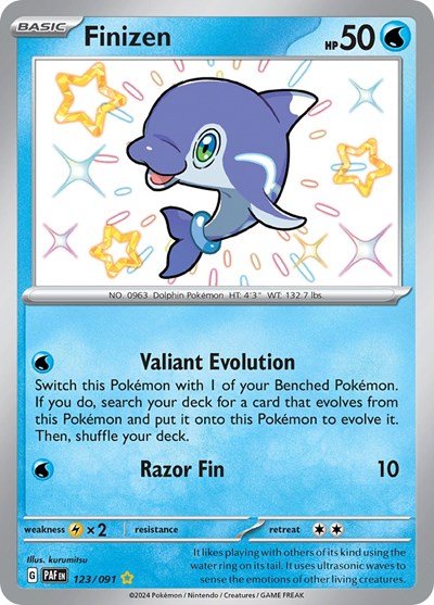 Pokémon card: Finizen 123/091 from Paldean Fates (Shiny Rare), Water type, front of card