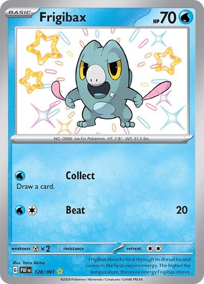 Pokémon card: Frigibax 128/091 from Paldean Fates (Shiny Rare), Water type, front of card