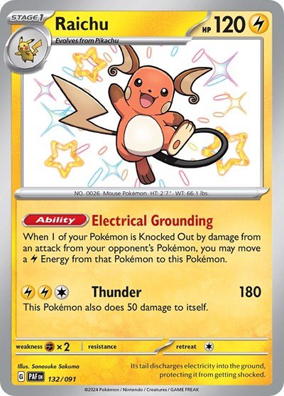 Pokémon card: Raichu 132/091 from Paldean Fates (Shiny Rare), Lightning type, front of card