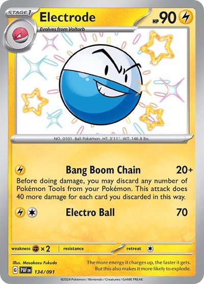Pokémon card: Electrode 134/091 from Paldean Fates (Shiny Rare), Lightning type, front of card