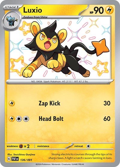 Pokémon card: Luxio 136/091 from Paldean Fates (Shiny Rare), Lightning type, front of card
