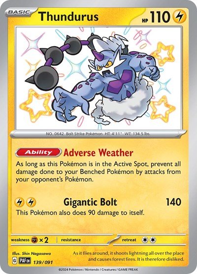 Pokémon card: Thundurus 139/091 from Paldean Fates (Shiny Rare), Lightning type, front of card