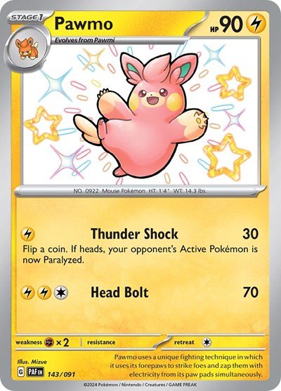 Pokémon card: Pawmo 143/091 from Paldean Fates (Shiny Rare), Lightning type, front of card
