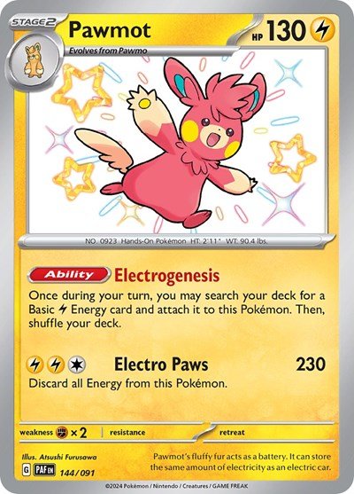 Pokémon card: Pawmot 144/091 from Paldean Fates (Shiny Rare), Lightning type, front of card