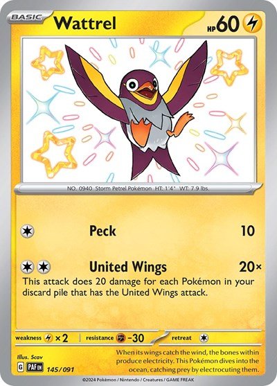 Pokémon card: Wattrel 145/091 from Paldean Fates (Shiny Rare), Lightning type, front of card