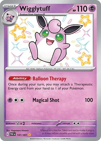Pokémon card: Wigglytuff 147/091 from Paldean Fates (Shiny Rare), Psychic type, front of card