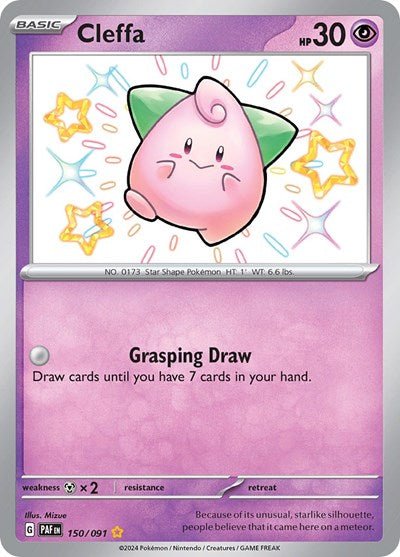 Pokémon card: Cleffa 150/091 from Paldean Fates (Shiny Rare), Psychic type, front of card