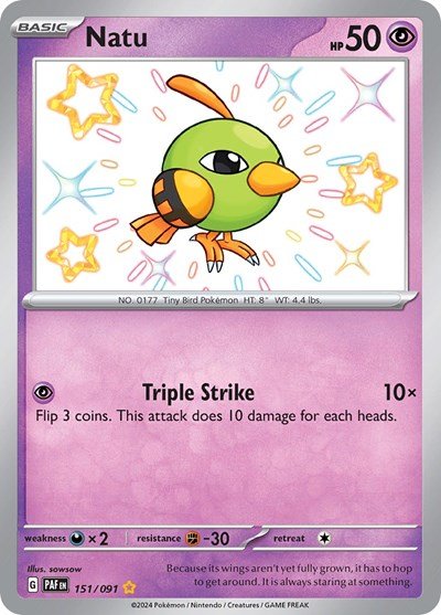 Pokémon card: Natu 151/091 from Paldean Fates (Shiny Rare), Psychic type, front of card