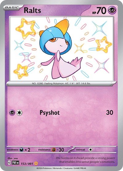 Pokémon card: Ralts 153/091 from Paldean Fates (Shiny Rare), Psychic type, front of card