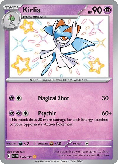 Pokémon card: Kirlia 154/091 from Paldean Fates (Shiny Rare), Psychic type, front of card