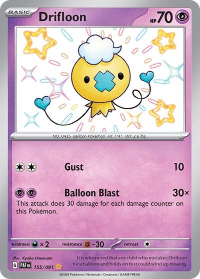 Pokémon card: Drifloon 155/091 from Paldean Fates (Shiny Rare), Psychic type, front of card