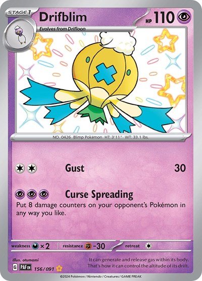 Pokémon card: Drifblim 156/091 from Paldean Fates (Shiny Rare), Psychic type, front of card