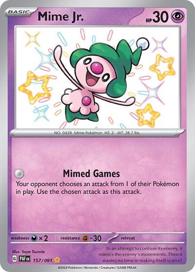 Pokémon card: Mime Jr. 157/091 from Paldean Fates (Shiny Rare), Psychic type, front of card