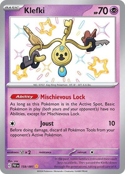 Pokémon card: Klefki 159/091 from Paldean Fates (Shiny Rare), Psychic type, front of card
