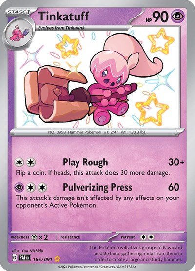 Pokémon card: Tinkatuff 166/091 from Paldean Fates (Shiny Rare), Psychic type, front of card