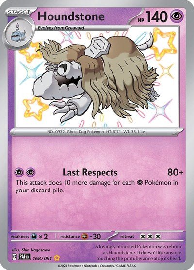 Pokémon card: Houndstone 168/091 from Paldean Fates (Shiny Rare), Psychic type, front of card