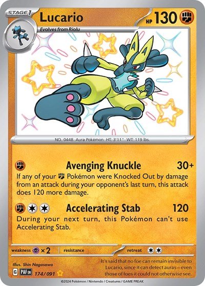 Pokémon card: Lucario 174/091 from Paldean Fates (Shiny Rare), Fighting type, front of card