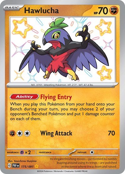 Pokémon card: Hawlucha 175/091 from Paldean Fates (Shiny Rare), Fighting type, front of card