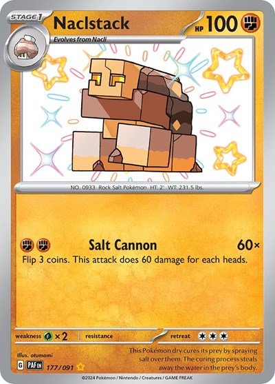 Pokémon card: Naclstack 177/091 from Paldean Fates (Shiny Rare), Fighting type, front of card