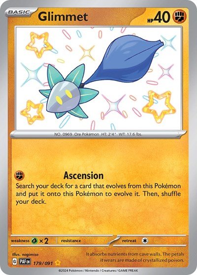 Pokémon card: Glimmet 179/091 from Paldean Fates (Shiny Rare), Fighting type, front of card