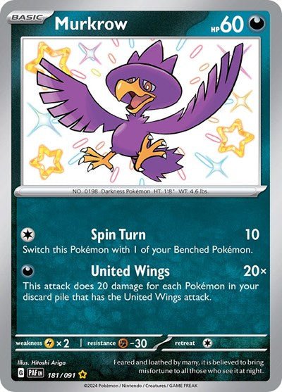 Pokémon card: Murkrow 181/091 from Paldean Fates (Shiny Rare), front of card
