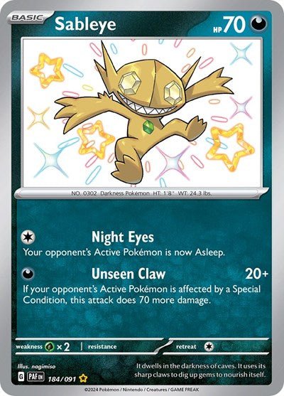 Pokémon card: Sableye 184/091 from Paldean Fates (Shiny Rare), front of card