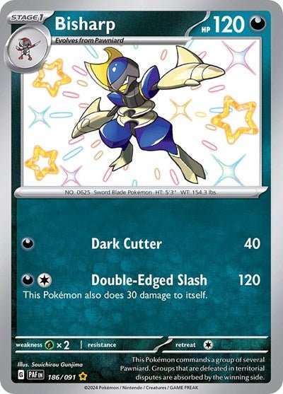 Pokémon card: Bisharp 186/091 from Paldean Fates (Shiny Rare), Darkness type, front of card
