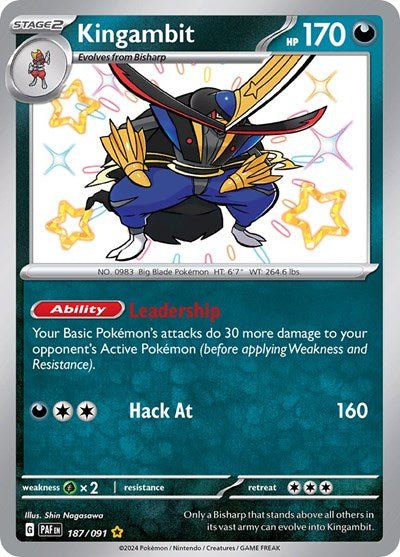 Pokémon card: Kingambit 187/091 from Paldean Fates (Shiny Rare), Darkness type, front of card