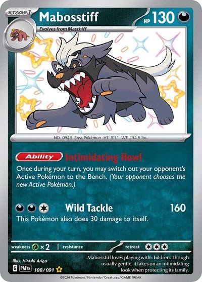 Pokémon card: Mabosstiff 188/091 from Paldean Fates (Shiny Rare), front of card