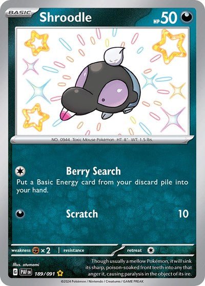 Pokémon card: Shroodle 189/091 from Paldean Fates (Shiny Rare), front of card