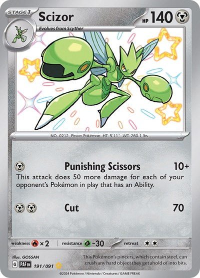 Pokémon card: Scizor 191/091 from Paldean Fates (Shiny Rare), Metal type, front of card