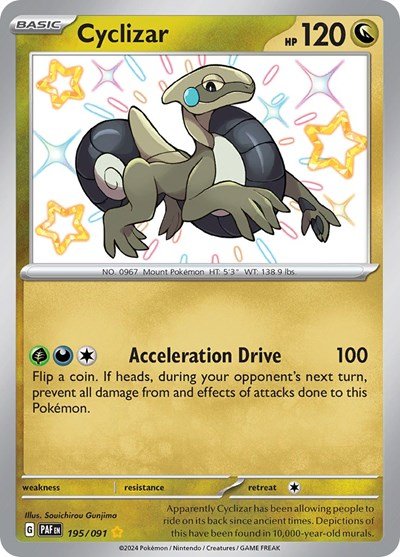 Pokémon card: Cyclizar 195/091 from Paldean Fates (Shiny Rare), Dragon type, front of card