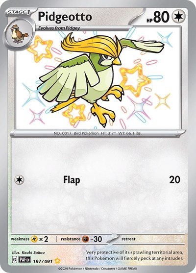 Pokémon card: Pidgeotto 197/091 from Paldean Fates (Shiny Rare), Colorless type, front of card
