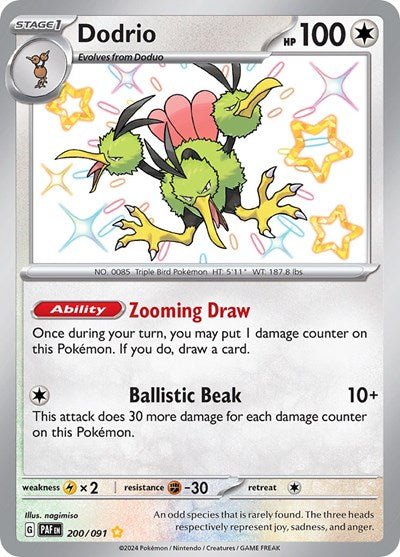 Pokémon card: Dodrio 200/091 from Paldean Fates (Shiny Rare), Colorless type, front of card