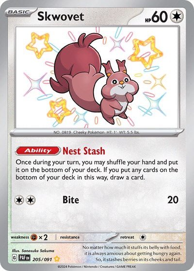 Pokémon card: Skwovet 205/091 from Paldean Fates (Shiny Rare), Colorless type, front of card