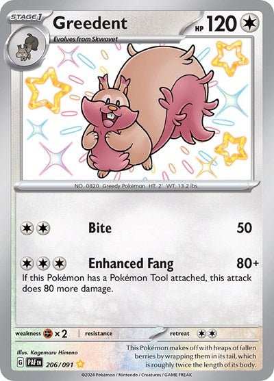 Pokémon card: Greedent 206/091 from Paldean Fates (Shiny Rare), Colorless type, front of card