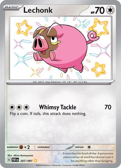 Pokémon card: Lechonk 207/091 from Paldean Fates (Shiny Rare), Colorless type, front of card