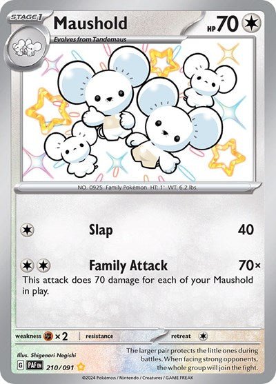 Pokémon card: Maushold 210/091 from Paldean Fates (Shiny Rare), Colorless type, front of card