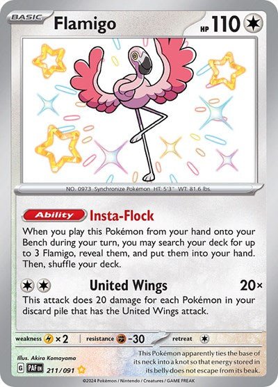 Pokémon card: Flamigo 211/091 from Paldean Fates (Shiny Rare), Colorless type, front of card