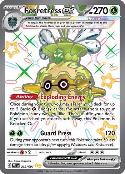 Pokémon card: Forretress ex 212/091 from Paldean Fates (Shiny Ultra Rare), Grass type, front of card