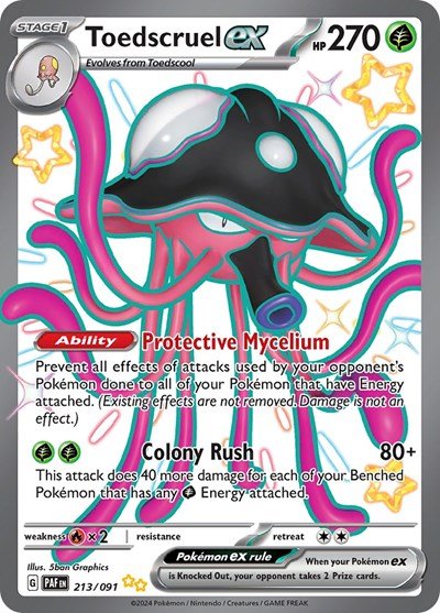 Pokémon card: Toedscruel ex 213/091 from Paldean Fates (Shiny Ultra Rare), Grass type, front of card