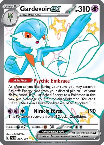 Pokémon card: Gardevoir ex 217/091 from Paldean Fates (Shiny Ultra Rare), Psychic type, front of card