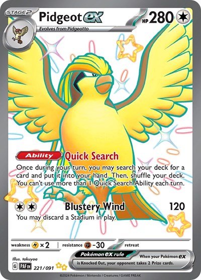 Pokémon card: Pidgeot ex 221/091 from Paldean Fates (Shiny Ultra Rare), Colorless type, front of card