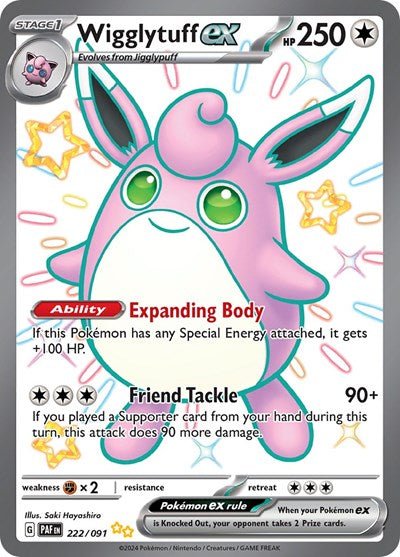 Pokémon card: Wigglytuff ex 222/091 from Paldean Fates (Shiny Ultra Rare), Colorless type, front of card
