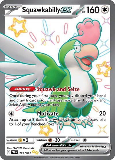 Pokémon card: Squawkabilly ex 223/091 from Paldean Fates (Shiny Ultra Rare), Colorless type, front of card