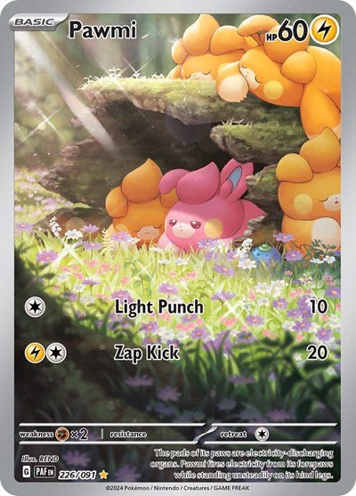 Pokémon card: Pawmi 226/091 from Paldean Fates (Illustration Rare), Lightning type, front of card