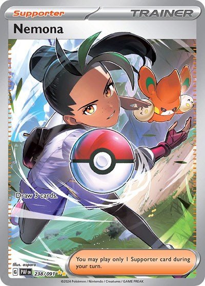 Pokémon card: Nemona 238/091 from Paldean Fates (Special Illustration Rare), front of card